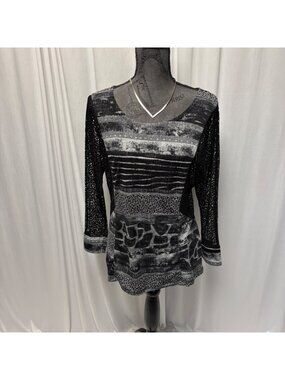 Artex Womens Black Gray Animal Print Top Size Small Sheer Mesh Sleeve Stretch
